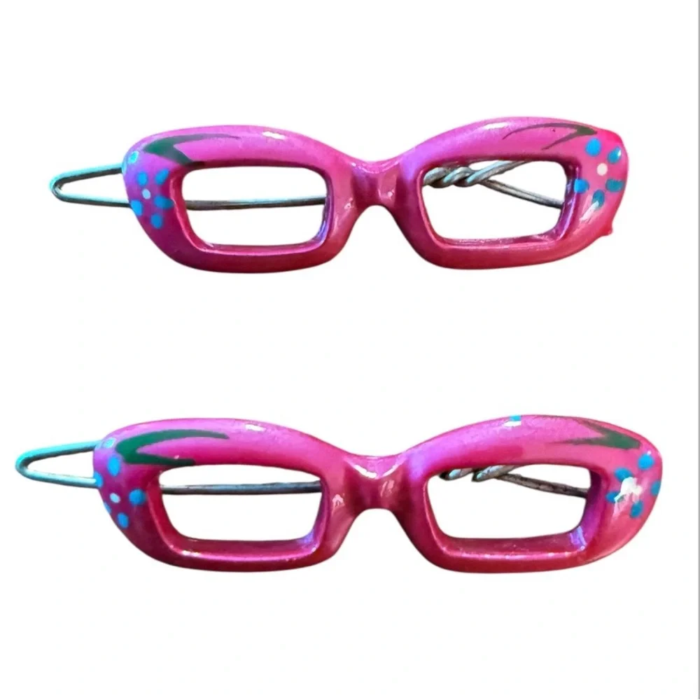 Vintage Cateye Glasses Barrettes Hair Clips, Hand Painted Pink, Deadstock, 2”